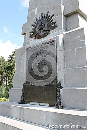 Plaque on WW1 Australian 5th Division memorial, Polygon Wood Editorial Stock Photo